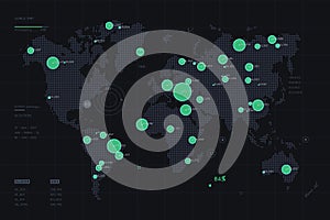 World map big data visualization. Hotspots on map. Global activity monitoring. Complex visual geo information. Human activity data