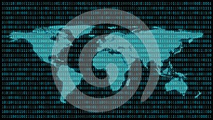 World map with 01 or binary numbers on the computer screen on monitor matrix background, Digital data code in hacker or security
