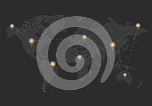 World map, bitcoin network and location pointer, design dark blackboard background