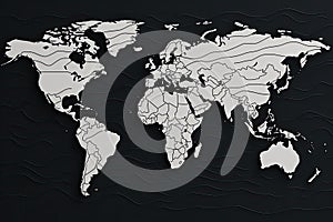 World map on a black background. World map vector illustration. World Map, Outlined map of the world, line art, black and white,