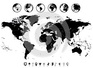 World Map black blank isolated on white and flat navigation icon