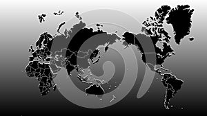 World map black and white shiny image with shadow depth effect