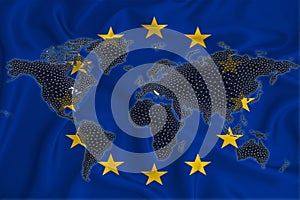 World map from blockchain network on the background of the flag of the European Union. The concept of the EU blockchain photo