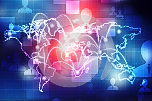World map and blockchain peer to peer network, Global Network Concept