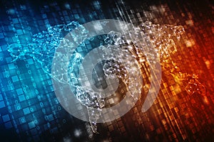 World map and blockchain peer to peer network, Global Network Concept