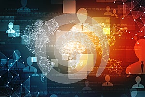 World map and blockchain peer to peer network, Global Network Concept