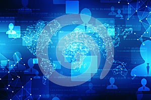 World map and blockchain peer to peer network, Global Network Concept