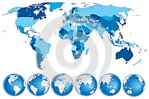 World map blue with countries and globes