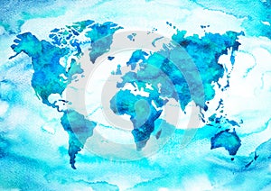 World map blue green tone watercolor painting on paper hand drawing