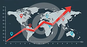 World map with a bold red upward-trending line graph overlayed. The graph begins at photo