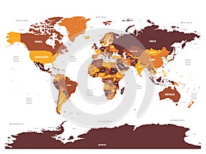 World map - brown orange hue colored on dark background. High detailed political map of World with country, ocean and