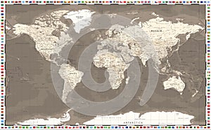 World Map in Brown Shades. And All Flags. Vector Illustration