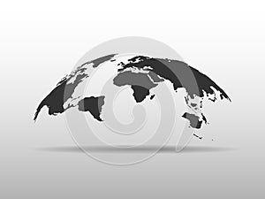 World map bulging in a shape of globe. Abstract design 3D map with dropped shadow