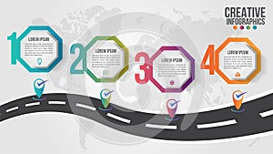 World map business infographics 5 step options vector illustration and design template with pointer marks.