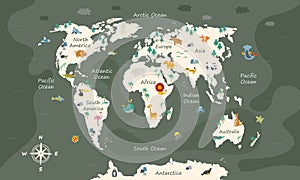The world map with cartoon animals for kids, nature, discovery and continent name, ocean name. Children's map design