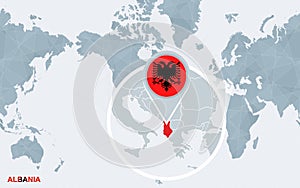 World map centered on America with magnified Albania