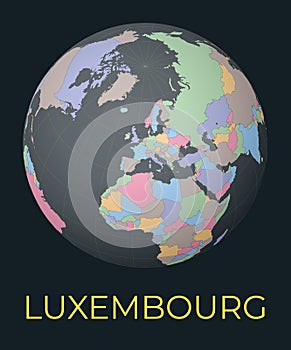 World map centered to Luxembourg.