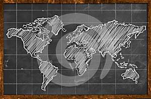 World map chalk drawing blackboard