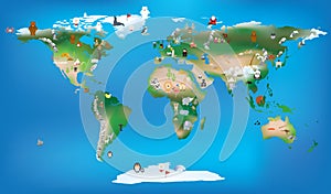 World map for childrens using cartoons of animals and famous lan photo