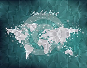 World map city lights in green degraded and polygon shape background