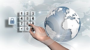 World map with closed padlock and earth globe - pin input at the numeric keypad - business, data and internet security concept