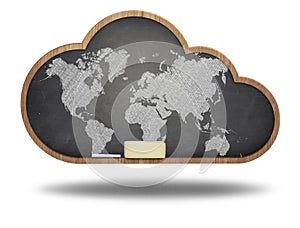 World map on cloud shape blackboard