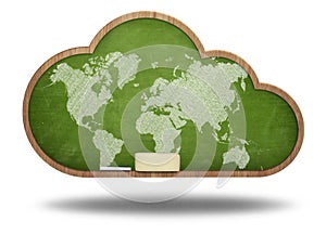 World map on cloud shape blackboard