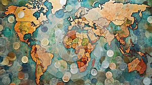 World map coins money background. Generative AI