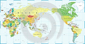 World Map Color - Asia in Center
