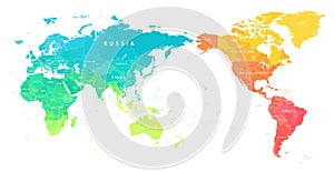 World Map Color Bright Political - Asia China Center - Vector Detailed Illustration