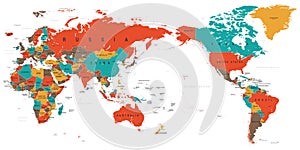 World Map Color Detailed - Asia in Center