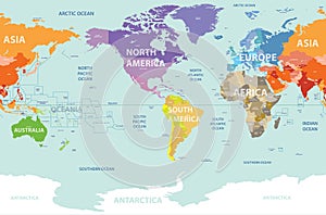 World map colored by continents and centered by America photo