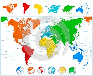 World map with colorful continents and 3D globes.