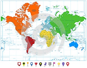 World map with colorful continents and flat map pointers isolate