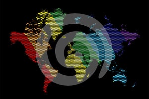 World map in colourful dots on black background. Earth continents in rainbow colours vector illustration. America, Asia