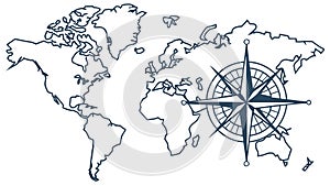 World Map with Compass Rose, Global Navigation Exploration, vector design Generative AI
