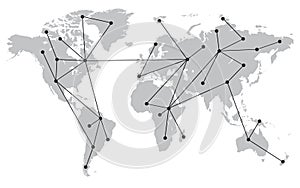 World Map With Connections, Points and Lines. Gray and Black