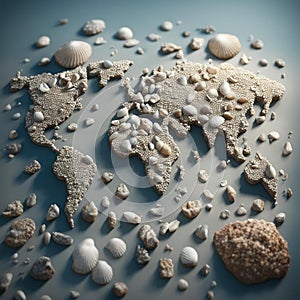 World map consisting of shells, sand and sea stones.