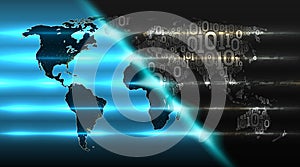 World map from a binary code with a background of abstract electronics. Concept of cloud service, iot, ai, big data, vector