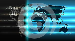 World map binary code with a background of abstract circuit boards. Concept of cloud service, iot, ai, big data, vector