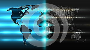 World map with from a binary code with a background of abstract circuit boards. Digital technologies transform the world