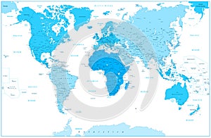 World Map and continents in colors of blue on white