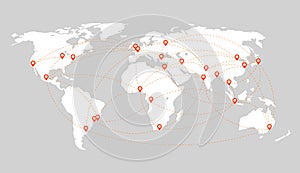 World map with continents, connection lines and location pointers.