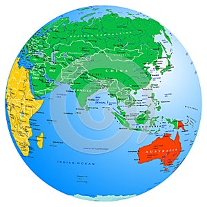 World map continents and countries globe. Planet Earth. Eastern