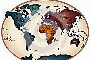 World Map with Contrasting Continents and Abstract Elements