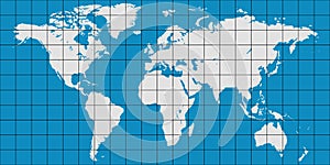 World map with coordinate grid and meridian and parallel, map of planet earth