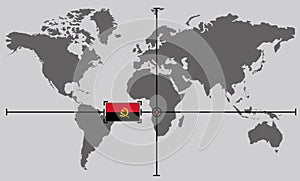 World map with coordinate point positioned by crossed lines on country Angola