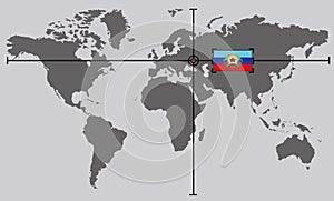 World map with coordinate point positioned by crossed lines on country Lnr