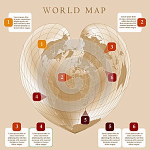 World map with countries boundary, grid and label. Bonne projection. 3d. Vector. Infographic.