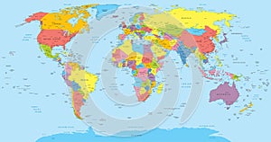 World map with countries, country and city names